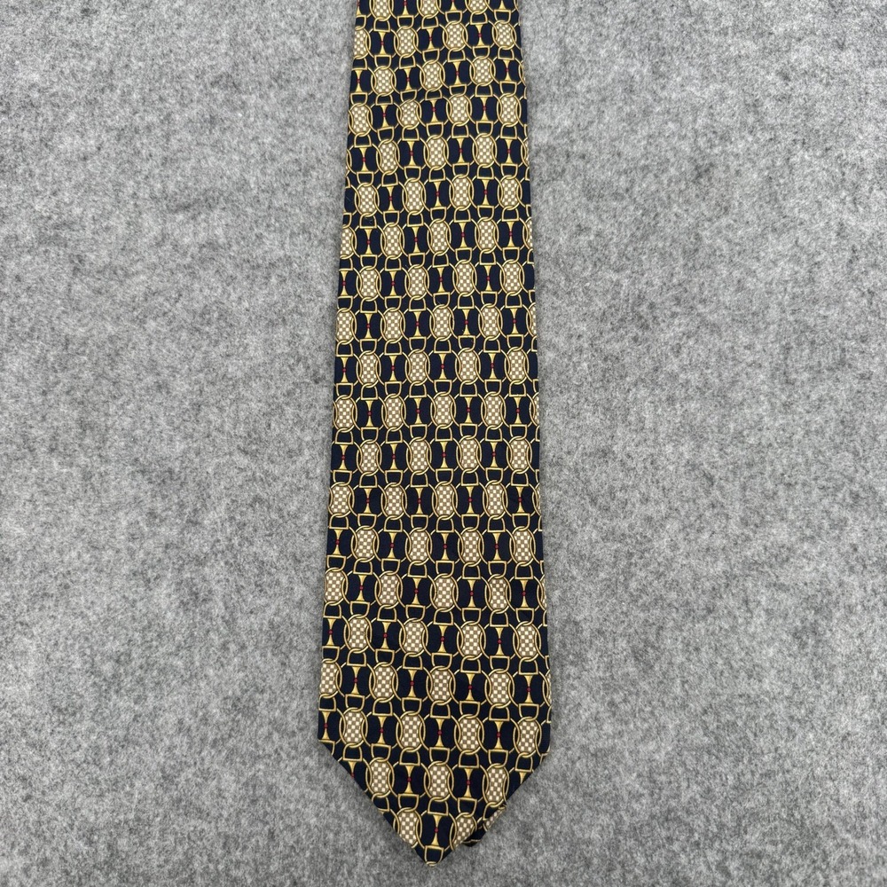 Paolo Gucci Mens Silk Tie Navy Blue Gold Equestrian Bit Bridle Checkered Print